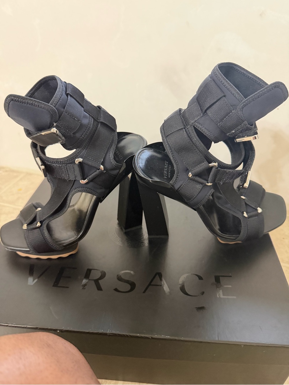 Versace Black Strappy Chunky Heel Sandals